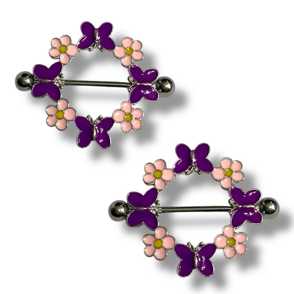 Pierced Nation 9/16” 14 Gauge 316L Purple & Pink Flowers & Butterfly Nipple Ring